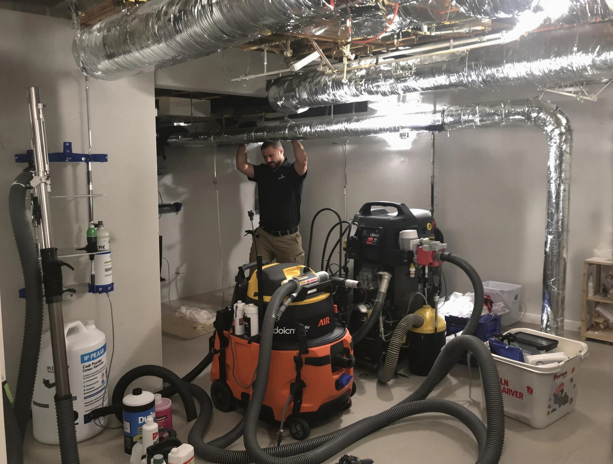 Fontana Air Duct Cleaning specialist performing professional mold removal from air ducts using safety equipment in Fontana