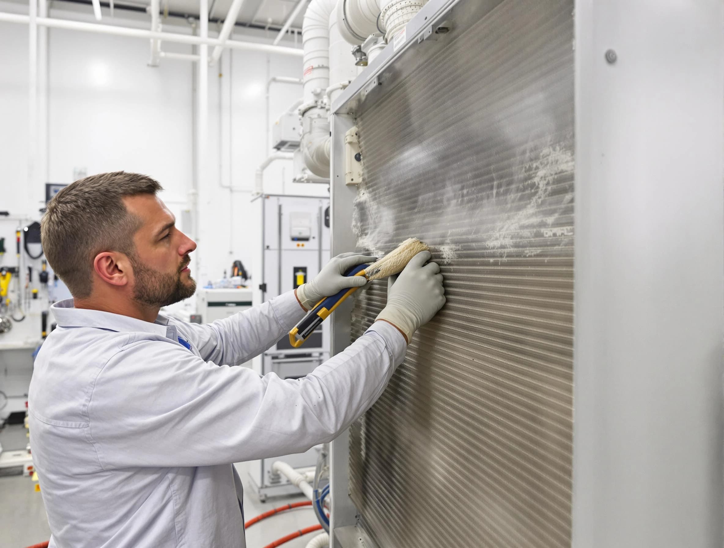 Fontana Air Duct Cleaning technician performing precision commercial coil cleaning at a Fontana business