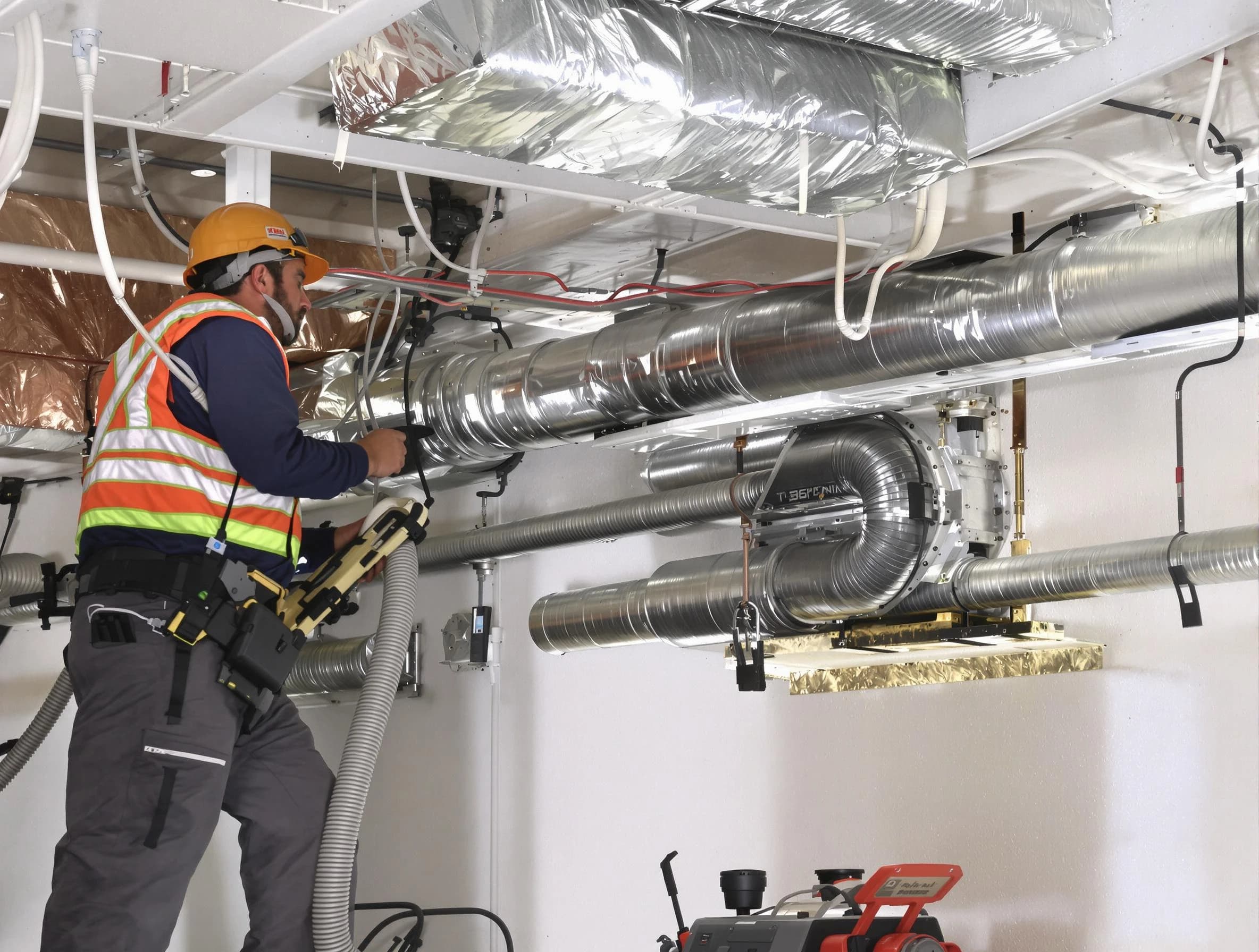 Fontana Air Duct Cleaning technician performing precision vacuum insulation removal in a residential property in Fontana